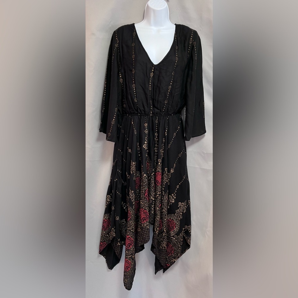 Beautiful LapageeSz  XL black print 3/4 sleeve‎ handkerchief hem dress women NWT